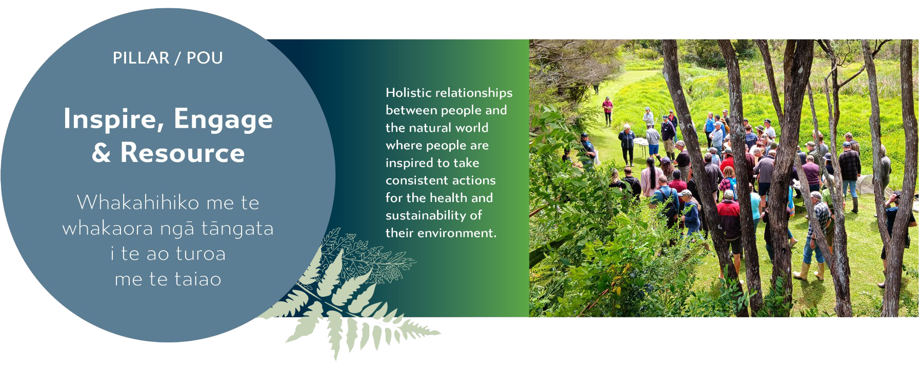 Inspire, Engage & Resource - Whakahihiko me te whakaora ngā tāngata i te ao turoa me te taiao: Holistic relationships between people and the natural world where people are inspired to take consistent actions for the health and sustainability of their environment.
