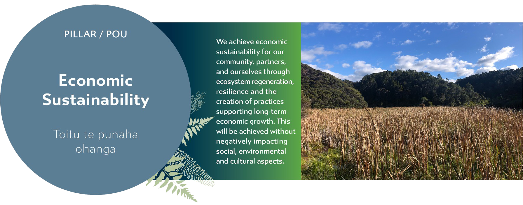 Economic Sustainability - Toitu te punaha ohanga: We achieve economic sustainability for our community, partners, and ourselves through ecosystem regeneration, resilience and the creation of practices supporting long-term economic growth. This will be achieved without negatively impacting social, environmental and cultural aspects.